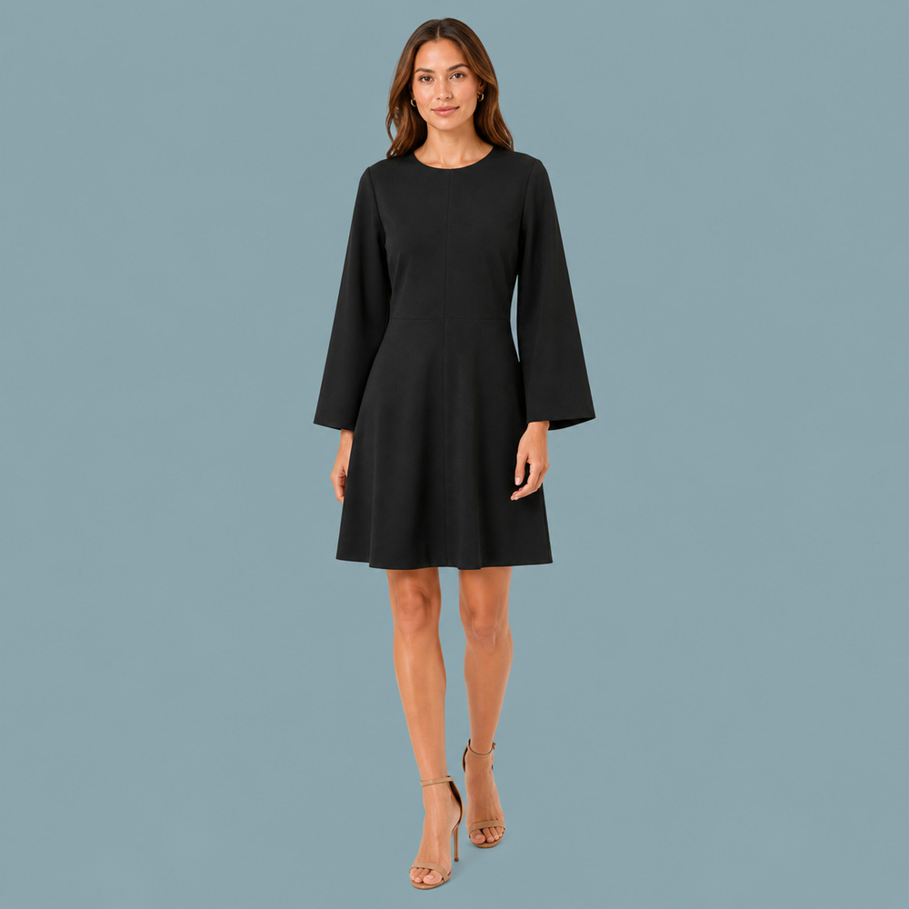Everlane Size 10 Black Ponte Knit Crew Scoop Neck Long Bell Sleeve Sheath Dress